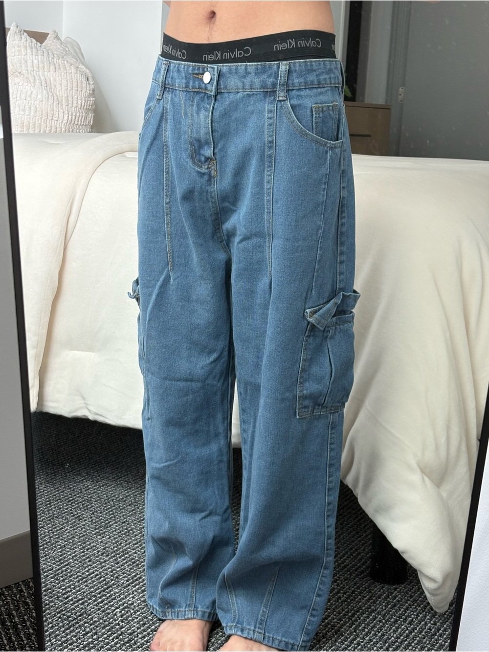 Y2K blue denim wide leg cargo pants
